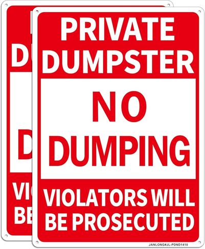 2 Pack Private Dumpster- No Dumping Sign, 14"x 10" Aluminum No Dumping-Violators Will Be Prosecuted Sign, Rust Free- UV Protected and Weatherproof in Saudi Arabia