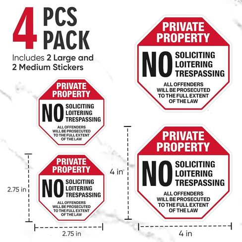 | (4 Pcs) Private Property No Trespassing Stickers – Two Sizes 4"x4" & Two 2.75"x2.75" – Strong Adhesive, Durable, Weatherproof No Soliciting Sticker For Front Door. Perfect No Solicitin... in Saudi Arabia