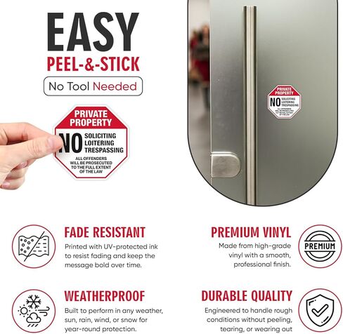 | (4 Pcs) Private Property No Trespassing Stickers – Two Sizes 4"x4" & Two 2.75"x2.75" – Strong Adhesive, Durable, Weatherproof No Soliciting Sticker For Front Door. Perfect No Solicitin... in Saudi Arabia