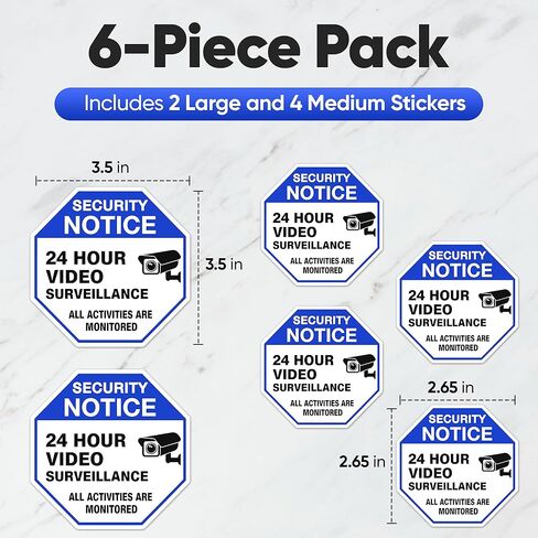 | ملصق المراقبة بالفيديو (6 قطع)، (مقاسان، 2 كبير 3.5 بوصة و4 متوسط ​​2.65 بوصة) - لاصق قوي، متين، علامات أمان مقاومة للماء - مثالي للاستخدام الداخلي والخارجي لتأمين عملك، منزلك، مركبتك، RTC. in Kuwait