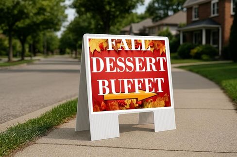 Fall Dessert Buffet Autumn Frame Colorful Maple Leaves On Red Background Directional Arrows A-Frame Double Sided 23x23 in. sign in Saudi Arabia