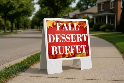Fall Dessert Buffet Autumn Frame Colorful Maple Leaves On Red Background Directional Arrows A-Frame Double Sided 23x23 in. sign in Saudi Arabia