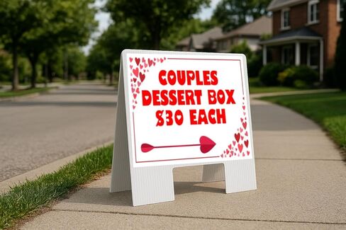 Couples Dessert Box $30 Each Red Frame With Hearts Directional Arrows A-Frame Double Sided 23x23 in. sign in Saudi Arabia