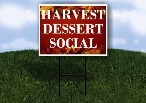 Harvest Dessert Social Autumn Frame Colorful Maple Leaves On Red Background Directional Arrows A-Frame Double Sided 23x23 in. sign in Kuwait