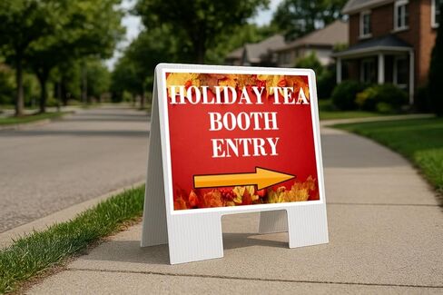 Holiday Tea Booth Entry Autumn Frame Colorful Maple Leaves On Red Background Up Arrows A-Frame Single Sided 23x23 in. sign in Saudi Arabia