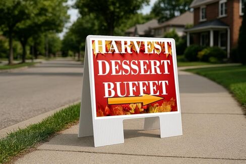 Harvest Dessert Buffet Autumn Frame Colorful Maple Leaves On Red Background Directional Arrows A-Frame Double Sided 23x23 in. sign in Kuwait