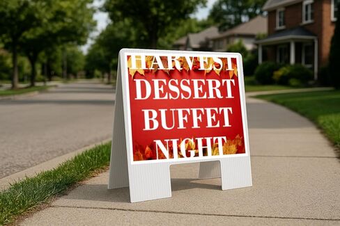 Harvest Dessert Buffet Night Autumn Frame Colorful Maple Leaves On Red Background Directional Arrows A-Frame Double Sided 23x23 in. sign in Kuwait
