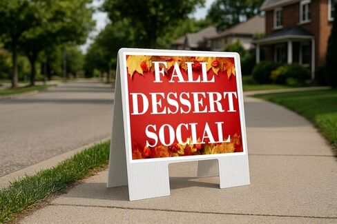 Fall Dessert Social Autumn Frame Colorful Maple Leaves On Red Background Directional Arrows A-Frame Double Sided 23x23 in. sign in Kuwait