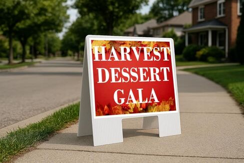 Harvest Dessert Gala Autumn Frame Colorful Maple Leaves On Red Background Directional Arrows A-Frame Double Sided 23x23 in. sign in Kuwait