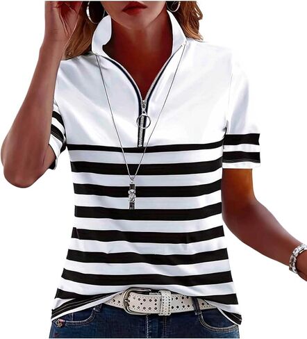 بلايز الصيف للنساء 2026 الربع البريدي الوقوف طوق قمصان مخطط كتلة اللون تي شيرت الربيع عطلة وتتسابق بلوزة in Kuwait