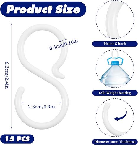 15 Pcs Plastic S Hooks, 2.5 Inch S Hooks for Hanging - Easy Lock, Rust-Free, Plastic Hook for Hanging Kitchen, Living Room, Bedroom in Saudi Arabia