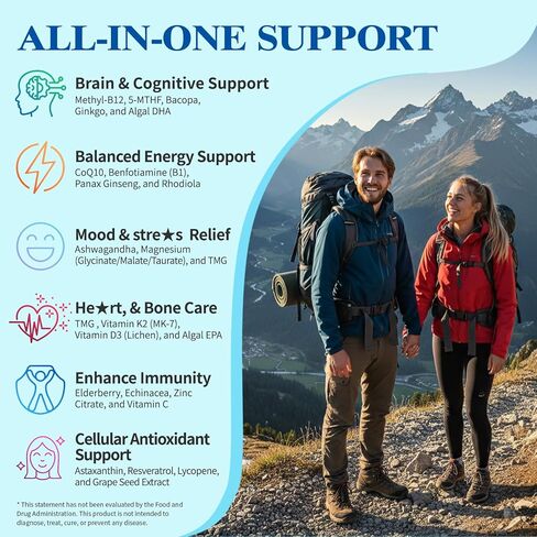 فيتامينات ميثيلية متعددة للرجال والنساء مع أوميغا 3، D3 K2، كالسيوم، ميثيل فولات وB12، TMG، فيتامينات متعددة للرجال والنساء يوميًا فيتامين A، C، E، B، المغنيسيوم، CoQ10 للدعم اليومي، نباتي in Kuwait