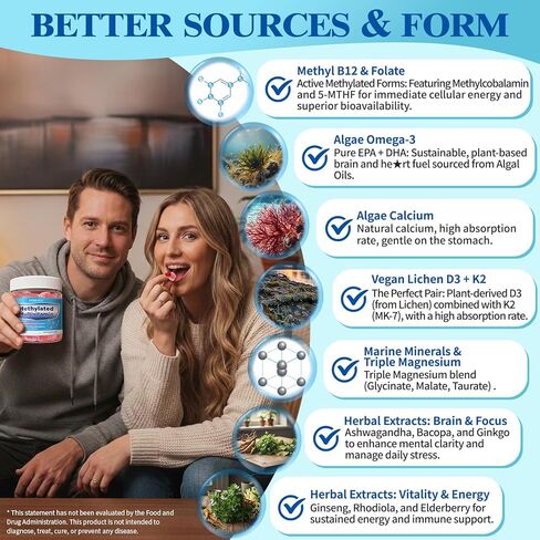 فيتامينات ميثيلية متعددة للرجال والنساء مع أوميغا 3، D3 K2، كالسيوم، ميثيل فولات وB12، TMG، فيتامينات متعددة للرجال والنساء يوميًا فيتامين A، C، E، B، المغنيسيوم، CoQ10 للدعم اليومي، نباتي in Kuwait