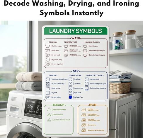 Laundry Symbols Chart Magnet (5x7.6 Inches) – Laundry Care Symbols Chart for Washing Machine & Dryer – Magnetic Laundry Room Must Haves – Stylish Laundry Room Accessories for Easy Clothing Care in Kuwait