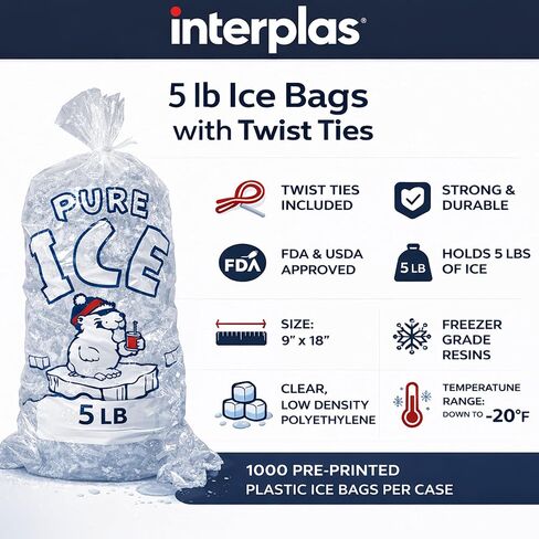 (1000 قطعة) أكياس ثلج بوزن 5 رطل مع أربطة ملتوية - أكياس ثلج تجارية كبيرة لآلات الثلج ومحطات الوقود والتجزئة - من Interplas (5 رطل) in Kuwait