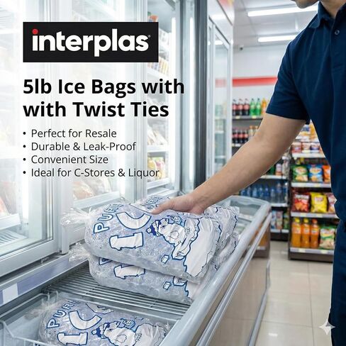 (1000 قطعة) أكياس ثلج بوزن 5 رطل مع أربطة ملتوية - أكياس ثلج تجارية كبيرة لآلات الثلج ومحطات الوقود والتجزئة - من Interplas (5 رطل) in Kuwait