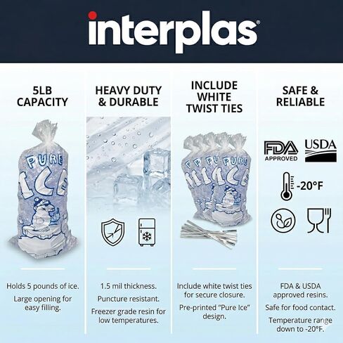 (1000 قطعة) أكياس ثلج بوزن 5 رطل مع أربطة ملتوية - أكياس ثلج تجارية كبيرة لآلات الثلج ومحطات الوقود والتجزئة - من Interplas (5 رطل) in Kuwait