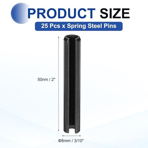 MECCANIXITY 25Pcs Slotted Split Roll Pins 3/10 Inch(8mm) Dia. 2 Inch(50mm) Length 65Mn Steel Spring Tension Expansion Dowels for Secure Fastening, Black in Kuwait