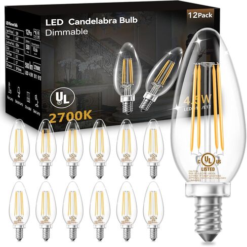 DAYBETTER E12 لمبات الشمعدانات 40W مكافئة، مصابيح إضاءة ثريا قابلة للتعتيم، 4.5W 500LM لمبات شموع 2700K أبيض دافئ، B11 LED لمبات إضاءة عتيقة لمروحة سقف الثريا، 12 حزمة in Kuwait