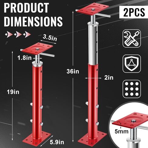Yaocom 2 Pcs Adjustable Jack Post, 19"-36" Height Range, Basement Floor House Screw Jacks for Lifting Joist Beam Brace for Cellar Ceiling, Center Point Load Capacity 11023 Lbs, Red in Saudi Arabia