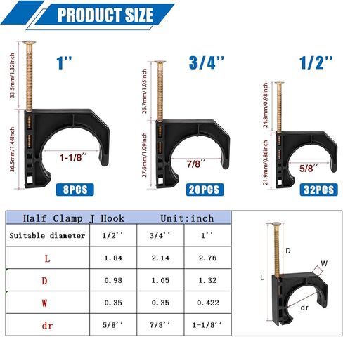 Taiss 60 قطعة خطاف على شكل حرف J مع مسمار 3 مقاسات 1/2" 3/4" 1"، مشابك pex سوداء للأنابيب in Kuwait