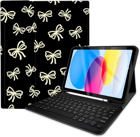 حافظة TopPerfekt للوحة المفاتيح لجهاز iPad Gen 11th (A16) 11 بوصة 2025/10 بوصة 10.9 بوصة 2022، قوس بيج لطيف وأنيق رائع مع حامل قلم رصاص لحافظة 10.9 بوصة مع لوحة مفاتيح قابلة لإعادة الشحن، قابل للفصل، أسود - قوس بيج in Saudi Arabia