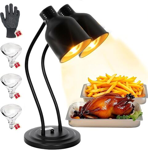 JOHAKYU 500W Commercial Food Warmer, 2-Head Adjustable Food Warming Lamp with 3 Bulbs | Stainless Steel Catering Heating Light for Restaurants, Kitchens & Buffets - Silver in Saudi Arabia