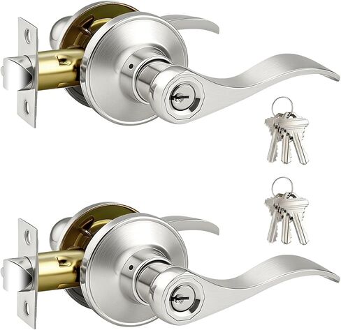 Gobrico Satin Nickel 2 حزمة من أذرع مقبض الباب على شكل موجة/قطرة على شكل مفتاح، ومقابض بقفل ونفس المفتاح لباب المدخل الخارجي in Kuwait