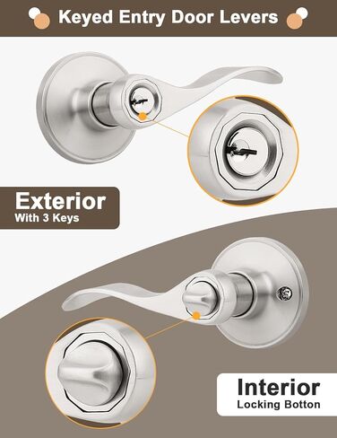 Gobrico Satin Nickel 2 حزمة من أذرع مقبض الباب على شكل موجة/قطرة على شكل مفتاح، ومقابض بقفل ونفس المفتاح لباب المدخل الخارجي in Kuwait