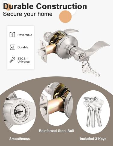 Gobrico Satin Nickel 2 حزمة من أذرع مقبض الباب على شكل موجة/قطرة على شكل مفتاح، ومقابض بقفل ونفس المفتاح لباب المدخل الخارجي in Kuwait