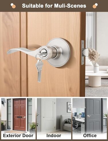 Gobrico Satin Nickel 2 حزمة من أذرع مقبض الباب على شكل موجة/قطرة على شكل مفتاح، ومقابض بقفل ونفس المفتاح لباب المدخل الخارجي in Kuwait