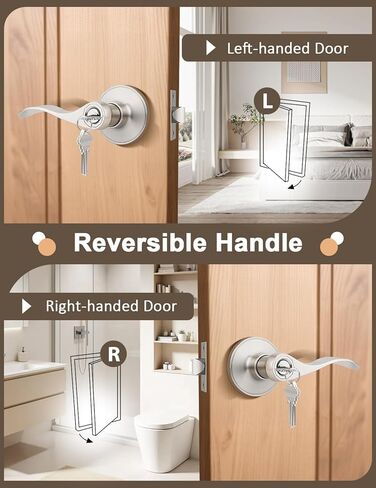 Gobrico Satin Nickel 2 حزمة من أذرع مقبض الباب على شكل موجة/قطرة على شكل مفتاح، ومقابض بقفل ونفس المفتاح لباب المدخل الخارجي in Kuwait