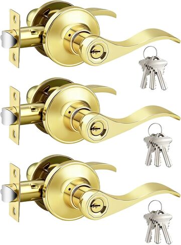 Gobrico Satin Nickel 2 حزمة من أذرع مقبض الباب على شكل موجة/قطرة على شكل مفتاح، ومقابض بقفل ونفس المفتاح لباب المدخل الخارجي in Kuwait