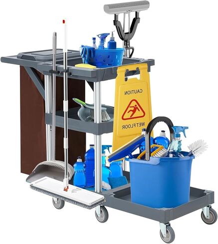 Commercial 3-Shelf Janitorial Cart with 2 Cabinets/Shelves, Commercial Traditional Wheeled Cleaning Cart with Cover and Oxford Bag, 300 Lb Capacity, Suitable for Schools, Hotels, Apartments in Kuwait