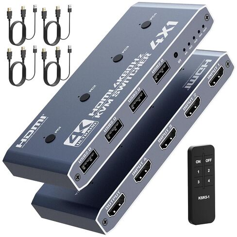 HDMI KVM Switch 4 كمبيوتر، 4 منافذ HDMI USB Switch لـ 4 أجهزة كمبيوتر مشاركة شاشة 4K@60 هرتز و4 أجهزة USB، لوحة مفاتيح، ماوس، طابعة، تتضمن 4 كابلات KVM ووحدة تحكم عن بعد (بدون بطاريات) in Kuwait
