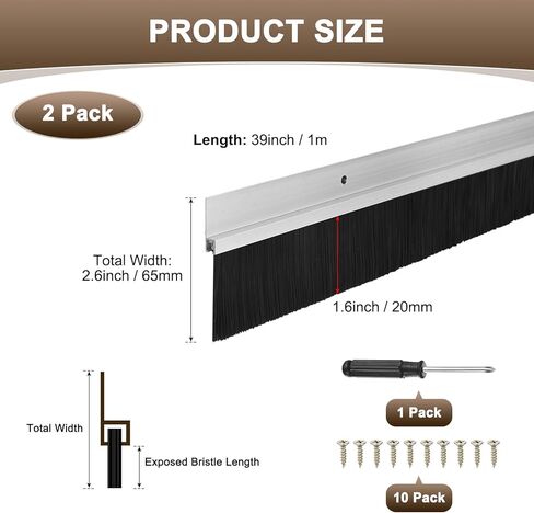M METERXITY 2-Pack Door Brush Bottom Sweep, 39" L x 2.6" W H-Shape Aluminum Alloy Base with 1.6" Nylon Brush for Industrial/Home/Garage Door Seal, Strong Adhesive Weather Stripping Kit[Silver] in Saudi Arabia