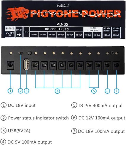 Guitar Effect Pedal Power Supply 10 DC Outputs Suitable for 9V/12V/18V Pedals With Short Circuit/Overcurrent Protection Separate LED Indicator USB (5V2A) PD-02 in Saudi Arabia