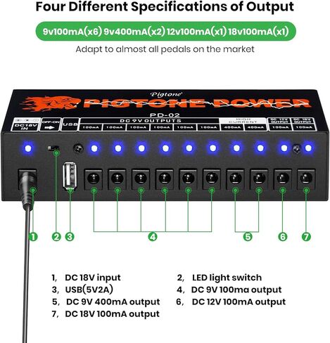 Guitar Effect Pedal Power Supply 10 DC Outputs Suitable for 9V/12V/18V Pedals With Short Circuit/Overcurrent Protection Separate LED Indicator USB (5V2A) PD-02 in Saudi Arabia