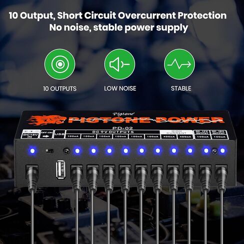 Guitar Effect Pedal Power Supply 10 DC Outputs Suitable for 9V/12V/18V Pedals With Short Circuit/Overcurrent Protection Separate LED Indicator USB (5V2A) PD-02 in Saudi Arabia