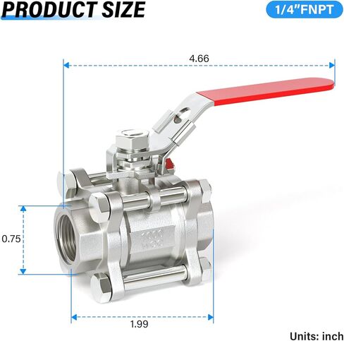 TAILONZ PNEUMATIC W0G2000 - 1/4" FNPT 3PC صمام كروي عالي التحمل، 304 من الفولاذ المقاوم للصدأ بمقبض أحمر (عبوة من 1) in Saudi Arabia