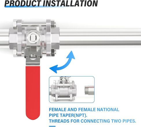TAILONZ PNEUMATIC W0G2000 - 1/4" FNPT 3PC صمام كروي عالي التحمل، 304 من الفولاذ المقاوم للصدأ بمقبض أحمر (عبوة من 1) in Saudi Arabia