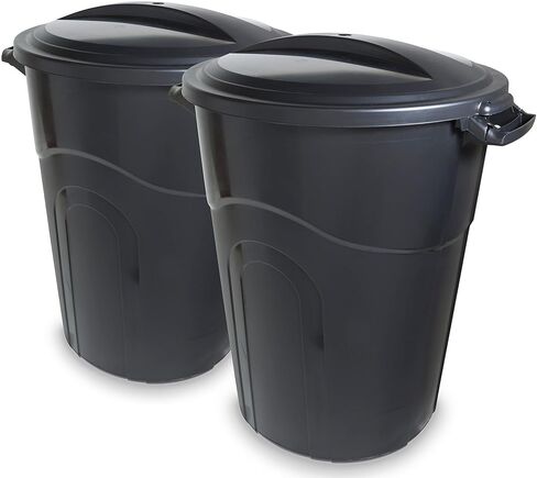 United Solutions 32 Gallon Outdoor Waste Garbage Bin, Easy to Carry Pass-Through Handles & Attachable Click Lock Lid, Black in Kuwait
