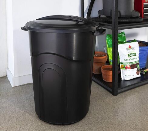 United Solutions 32 Gallon Outdoor Waste Garbage Bin, Easy to Carry Pass-Through Handles & Attachable Click Lock Lid, Black in Kuwait