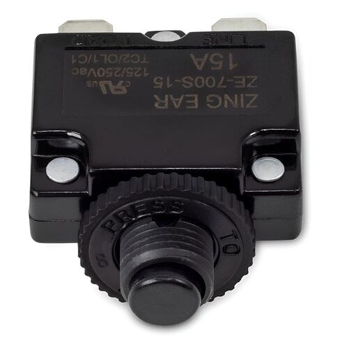 ZE-700S-15 15A Thermal Push Button Circuit Breaker – Mini Resettable Overload Protector 125/250 VAC with Manual Push-to-Reset and Quick Connect Terminals, Panel Mount Type in Saudi Arabia