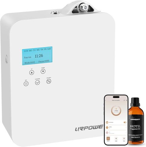 موزع رائحة رذاذ بدون ماء سعة 300 مل من URPOWER يصل إلى 3000 قدم مربع، جهاز التحكم الذكي بالتطبيقات HVAC/الجدار للعلاج بالروائح العلاجية بالهواء البارد مع زجاجة زيت قابلة للقفل للمنزل/المكتب/الفندق، متضمن زيت بداية in Kuwait