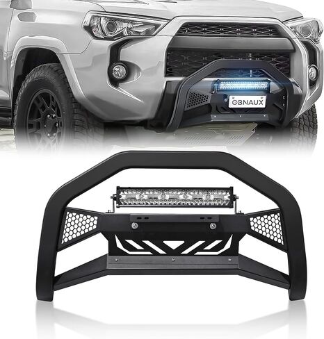 شريط الثور مع شريط الضوء وإطار لوحة الترخيص متوافق مع شبكة الحماية الأمامية لنيسان فرونتير 2005-2021، واقي فرشاة الشاحنة، وشريط الدفع الممتص للصدمات (يشمل لوحة الانزلاق وحامل الضوء، أسود) in Kuwait
