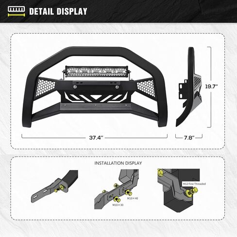 شريط الثور مع شريط الضوء وإطار لوحة الترخيص متوافق مع شبكة الحماية الأمامية لنيسان فرونتير 2005-2021، واقي فرشاة الشاحنة، وشريط الدفع الممتص للصدمات (يشمل لوحة الانزلاق وحامل الضوء، أسود) in Kuwait