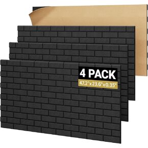 لوحات صوتية بنمط الطوب TONOR، 4 عبوات 47.2 بوصة × 23.6 بوصة × 0.35 بوصة لوحات مقاومة للصوت عالية الكثافة للجدران، لوحات جدارية لديكور الجدران الداخلية، عازل للصوت لغرفة التسجيل، الاستوديو، أسود in Kuwait