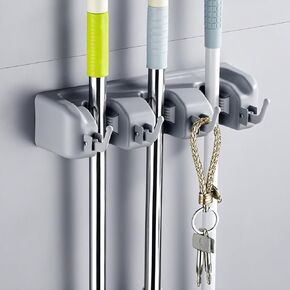 Mop and Broom Holder Wall Mount, Utility Organizer for Brooms, Mops and Cleaning Tools, Space-Saving Storage Rack for Kitchen, Bathroom & Laundry Room, 3 Racks & 4 Hooks, Gray in Kuwait