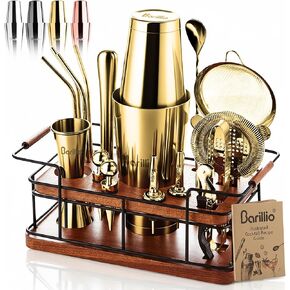 Barillio Bartender Kit - طقم شاكر كوكتيل مكون من 23 قطعة من الفولاذ المقاوم للصدأ مع حامل من خشب الماهوجني الأفريقي الفاخر | أدوات خلط مارتيني برواري للسقاية المنزلية | مجموعة الهدايا in Kuwait
